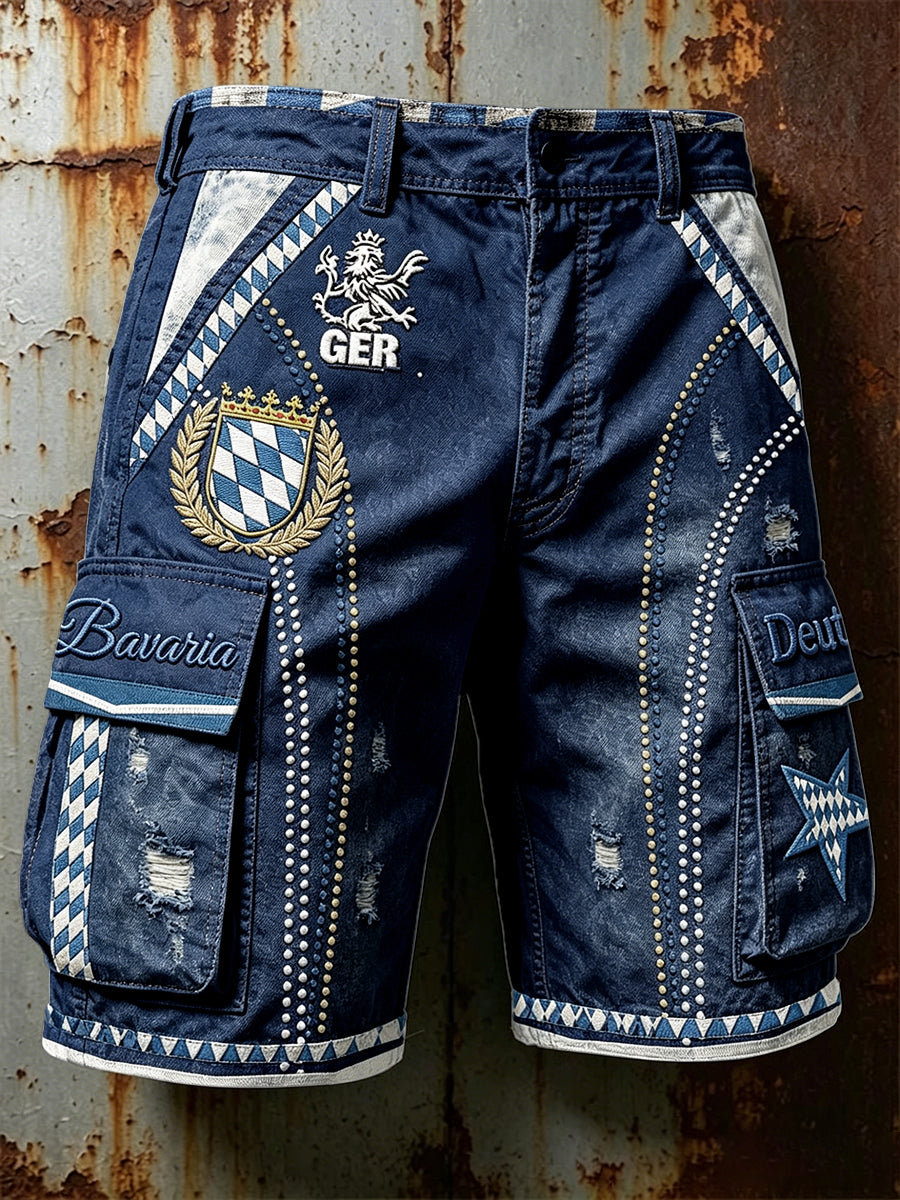 Herren Vintage Marineblau Bayerische Diamant-Stepp-Patchwork-Print Freizeit-Arbeits shorts