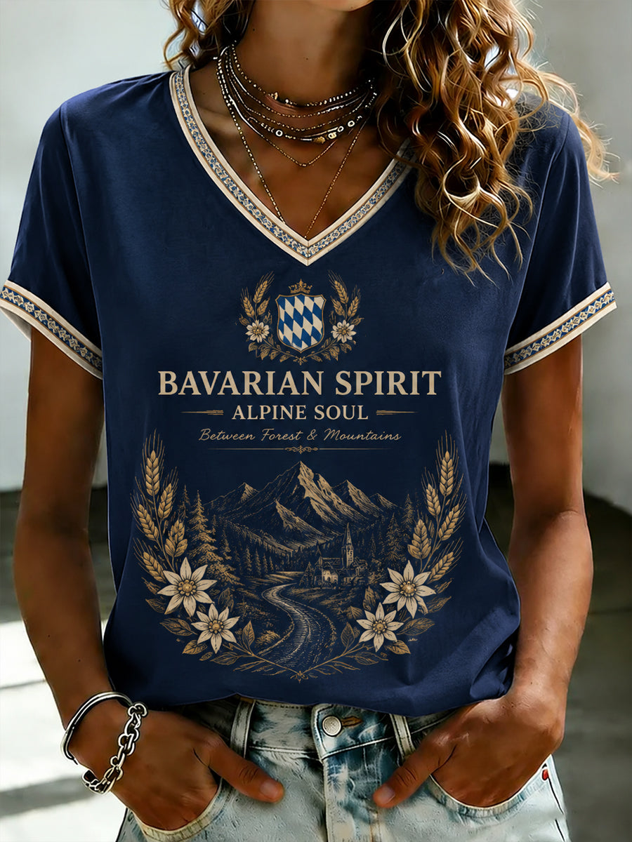 Damen-T-Shirt mit bayerischem Druck und V-Ausschnitt