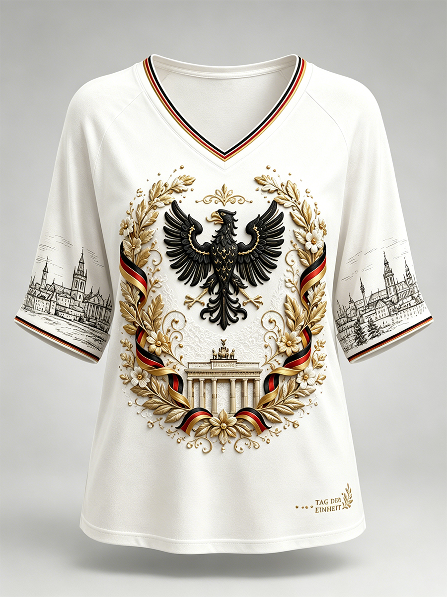 Deutscher-Einheits-Tag-Damen-T-Shirt aus Leinen mit kurzen Ärmeln
