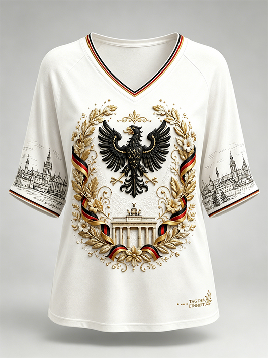 Deutscher-Einheits-Tag-Damen-T-Shirt aus Leinen mit kurzen Ärmeln