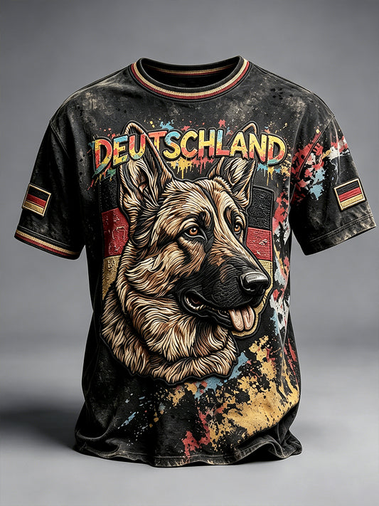 Herren-T-Shirt in Schwarz mit deutscher Flagge, Deutschem Schäferhund und Graffiti-Print – lässig und bequem