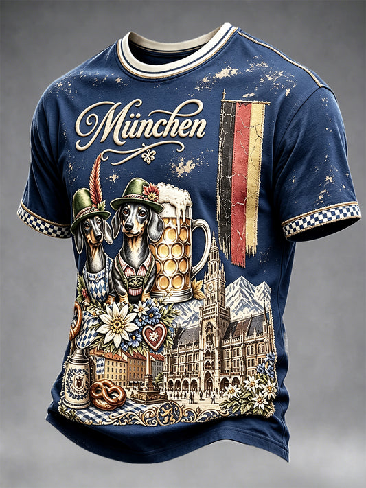 Herren-Oktoberfest-Hund-T-Shirt in Tiefblau, bedruckt, lässig