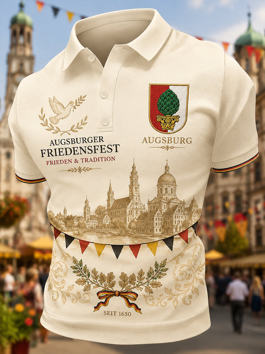 Herren-Poloshirt mit kurzen Ärmeln und Peace-Festival-Print