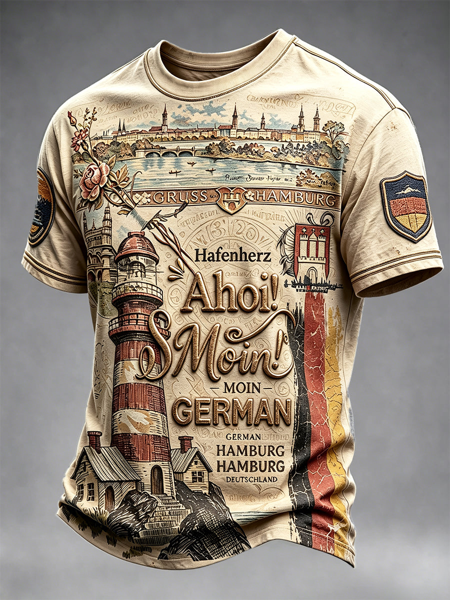 Herren-Casual-T-Shirt mit deutschem Hamburger-Leuchtturm-Print