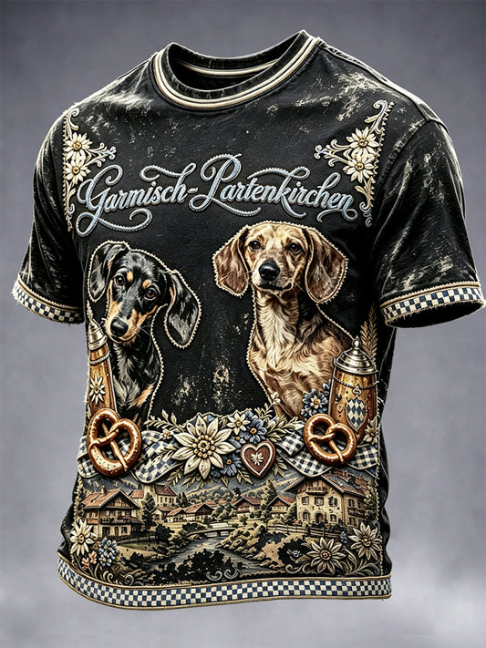 Herren-T-Shirt in Schwarz mit Hunde-Print im Oktoberfest-Stil, lässig geschnitten