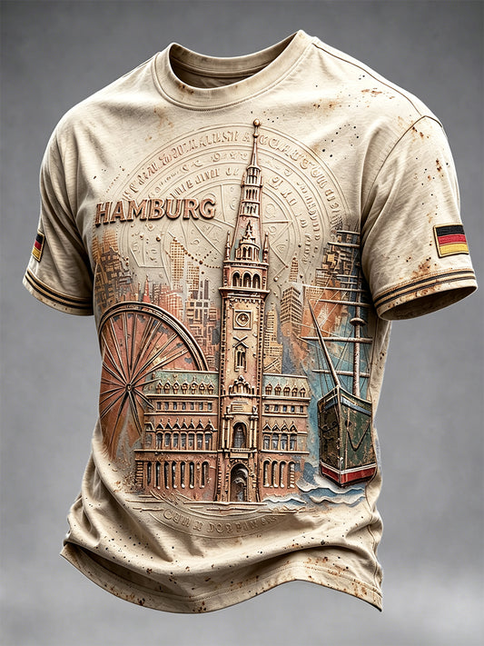 Herren-Vintage-Taupe-T-Shirt mit deutschem Hamburger Architekturdruck, lässig geschnitten