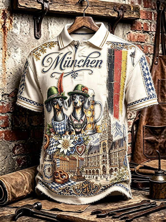 Herren-Poloshirt im Münchner Oktoberfest-Stil mit Hunde-Print, lässig geschnitten