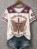 Women's Christian Faith Over Fear Butterfly Cross V-Neck Short Sleeve T-shirt