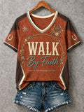 Women's Christian Walk By Faith Cross V-Neck Short Sleeve T-shirt