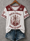 Women's Christian Jesus Christ "King Of Kings" Cross V-Neck Short Sleeve T-shirt