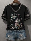 Women's Cute Cat Print Cat Lovers Causal V-Neck Tee