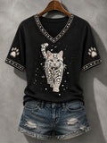 Women's Cat Print Cat Lovers Causal V-Neck Tee