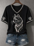 Women's Cat Print Cat Lovers Causal V-Neck Tee