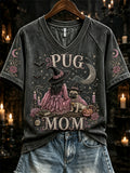 Women's Halloween Pink Witch Pug Mom Print short-sleeved T-shirt