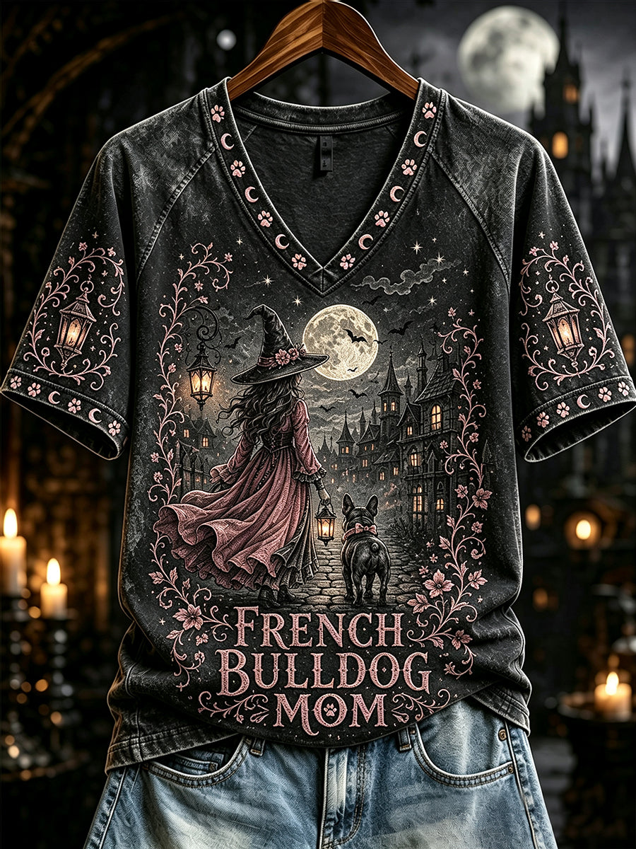 Women's Halloween French Bulldog Mom Witch Print V-neck Short-sleeved T-shirt