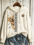 Women's cute dog playing piano pattern design casual zip-up hoodie