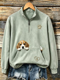 Women's Cute Peeking Beagle & Paws Print Casual 1/4 Zipper Sweatshirt