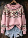 Women's Vintage Pink Ribbon & Dog Paws Isle Pattern Print Cozy Sweater
