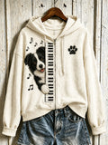 Women's cute dog playing piano pattern design casual zip-up hoodie