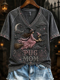 Women's Halloween Pink Witch Pug Mom Print short-sleeved T-shirt