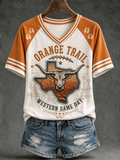 Women's Texas Longhorn V-Neck Off-Shoulder Short-Sleeved T-Shirt
