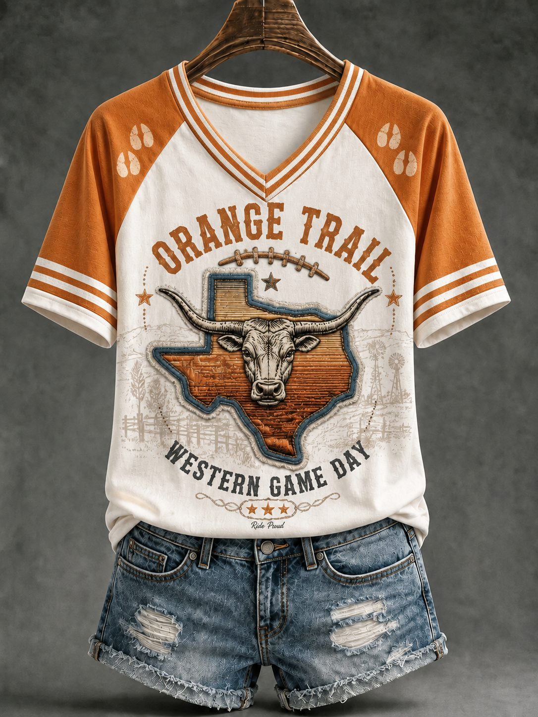 Women's Texas Longhorn V-Neck Off-Shoulder Short-Sleeved T-Shirt