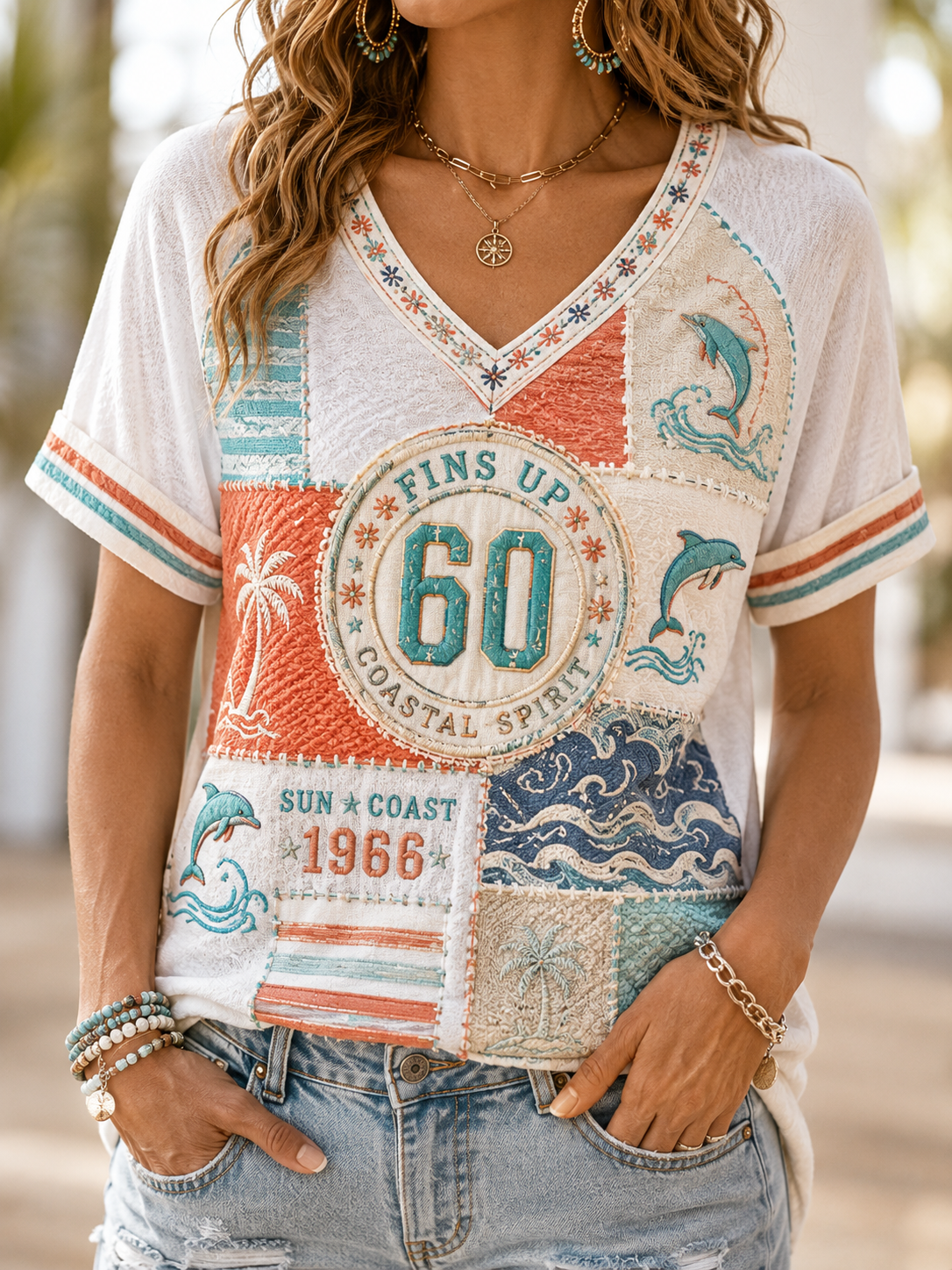 Women's V-Neck Off-Shoulder Short-Sleeved T-Shirt