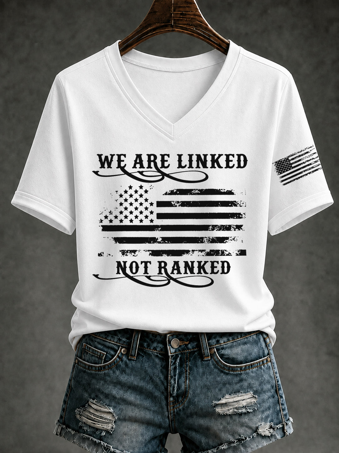 Women's WE ARE LINKED NOT RANKED Printed V-neck T-shirt