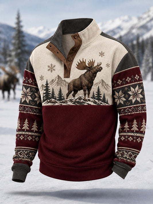 Men's Winter Moose Print Casual Buttons Pullover