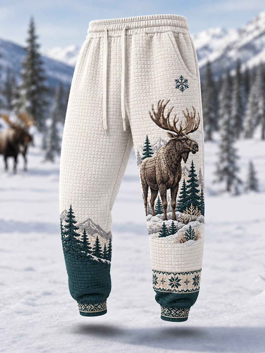 Men's Winter Moose Print Casual Waffle Pants