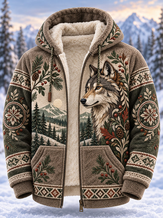 Men's Nordic Forest Animals Fleece-Lined Hooded Jacket