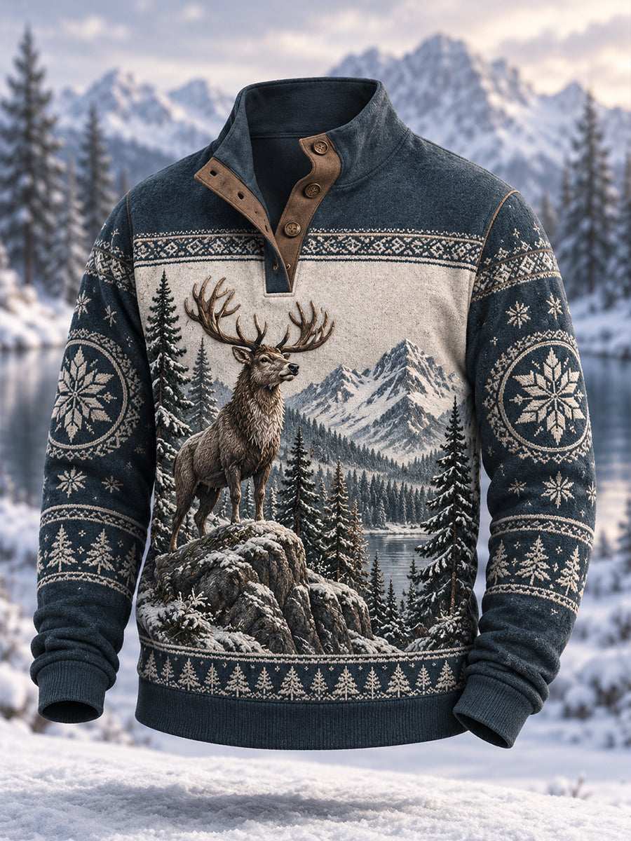 Men's Nordic Forest Animals Four-Button Hoodie