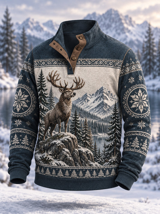 Men's Nordic Forest Animals Four-Button Hoodie