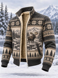 Men's Winter Moose Print Casual Composite Fleece Jacket