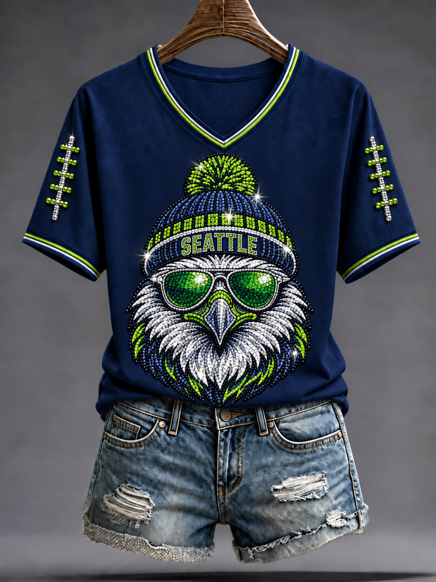 Women's Seattle Football Gameday Gift For Football Fans V-Neck Short Sleeve T-shirt