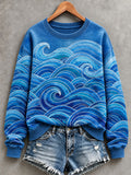 Women's Vintage Blue Ocean Waves Print Cozy Sweatshirt
