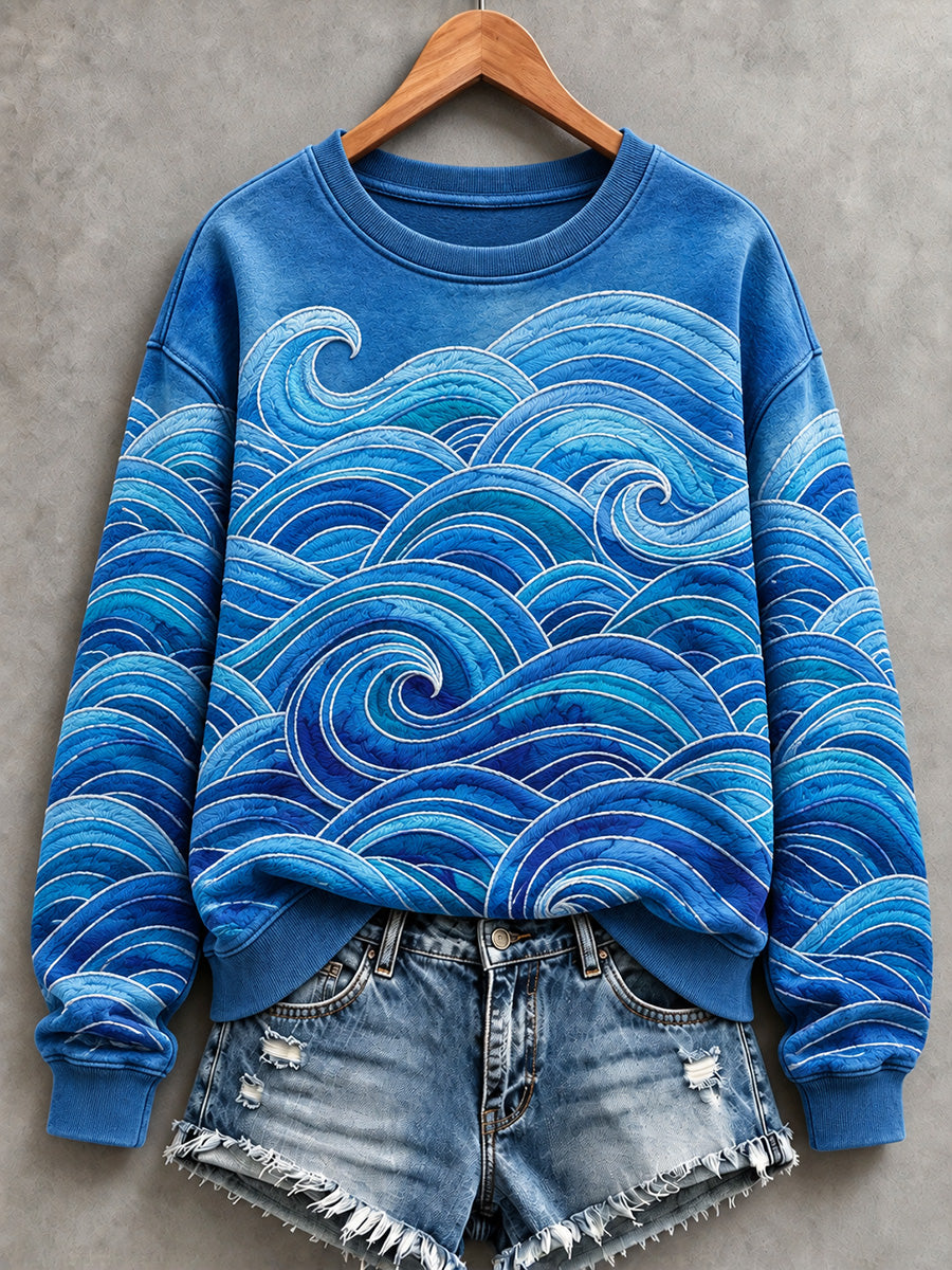 Women's Vintage Blue Ocean Waves Print Cozy Sweatshirt