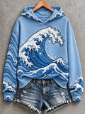 Women's Blue Wave Art Printed Hoodie