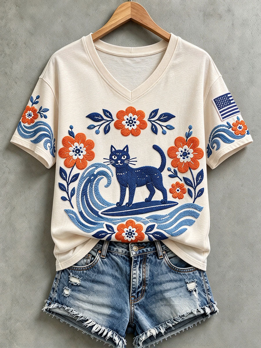 Women's Blue Wave & Cat V-Neck T-Shirts
