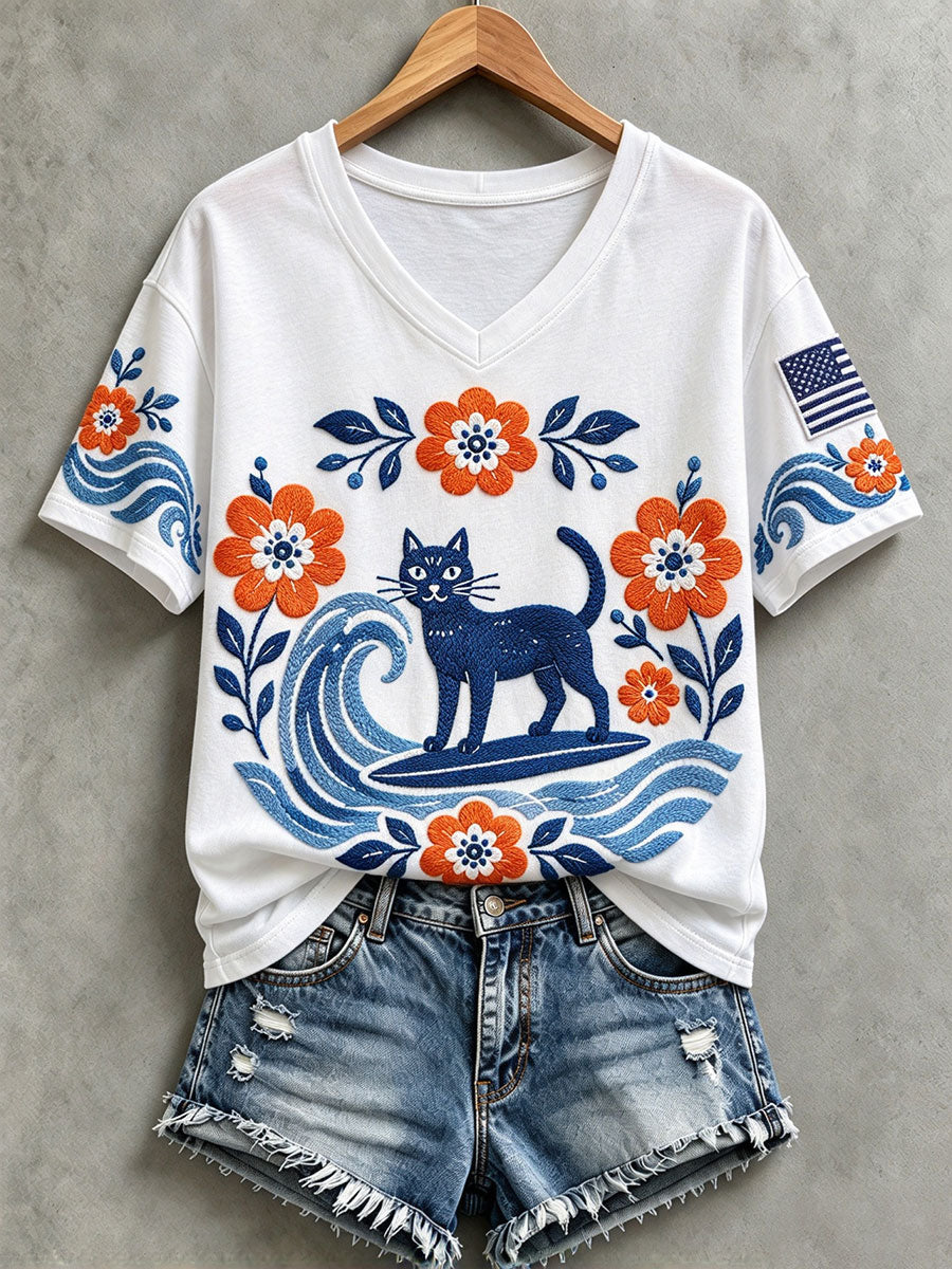 Women's Blue Wave & Cat V-Neck T-Shirts