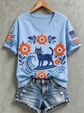 Women's Blue Wave & Cat V-Neck T-Shirts