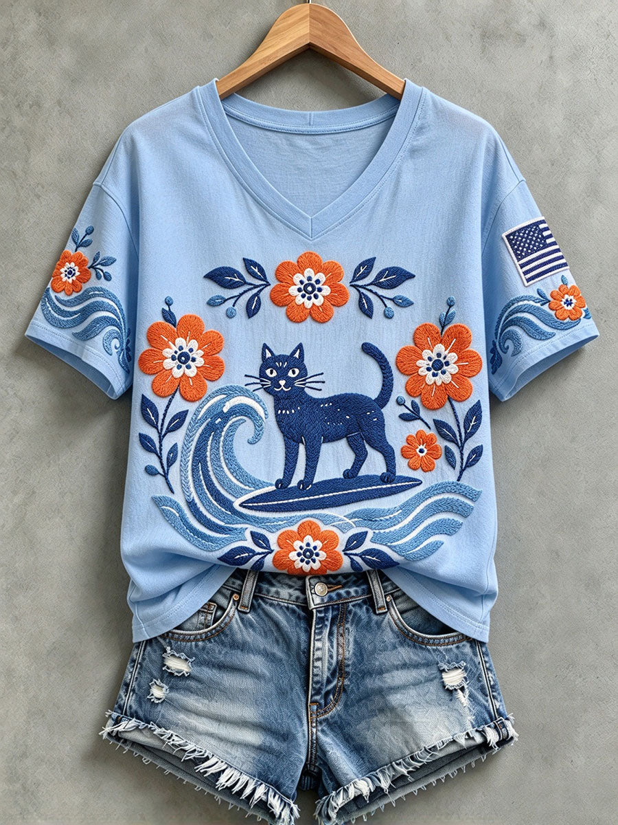Women's Blue Wave & Cat V-Neck T-Shirts