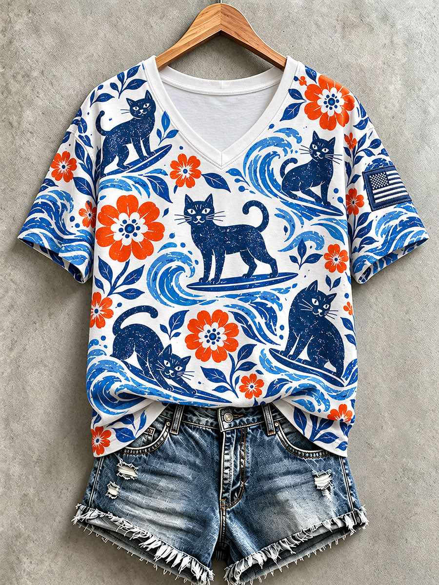 Women's Blue Wave & Cat V-Neck T-Shirts