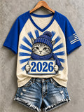Women's Blue Cat 2026 V-Neck T-Shirts