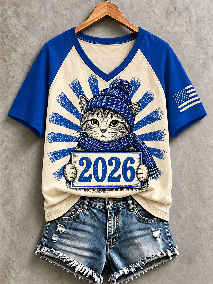 Women's Blue Cat 2026 V-Neck T-Shirts