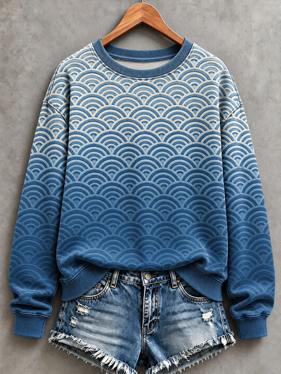Women's Vintage Blue Ocean Waves Print Cozy Sweatshirt
